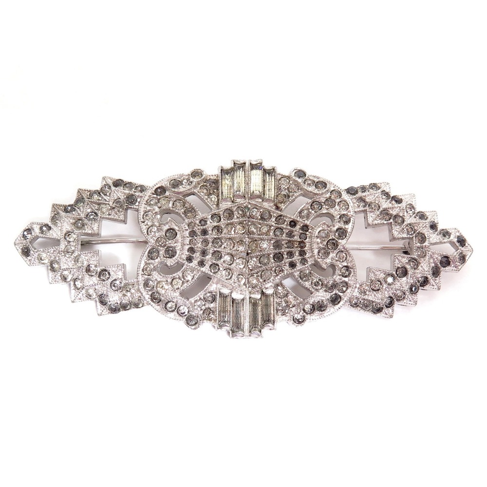 Large Vintage Art‎ Deco Geometric Paste Rhinestone Rhodium Plated Brooch Pin